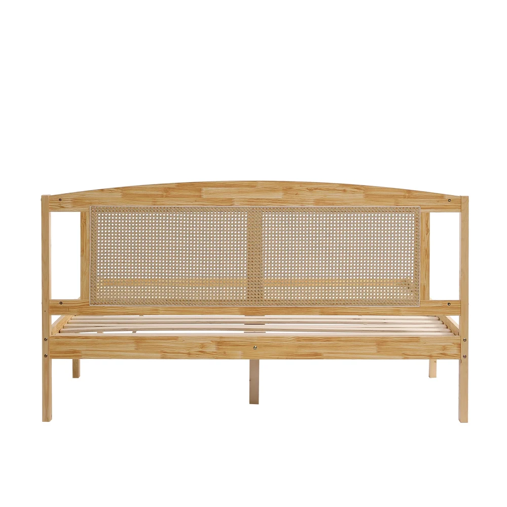 PINGGO Naturrattan-Doppelbett 160x200cm Kiefernholz PE-Rattan 15 Latten Mittelstützfüße Rattan-Netzkissen Ohne Matratze – Detail 15