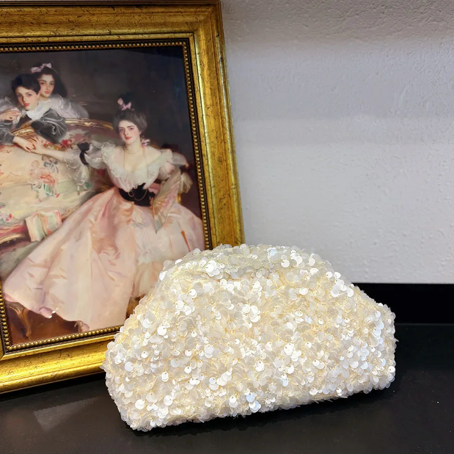 White Sequined Clutch Bag Versatile Beaded Chain Shoulder Bag Fashion High-end Bridal Party Handbag Trendy Clip Bag Evening Bag