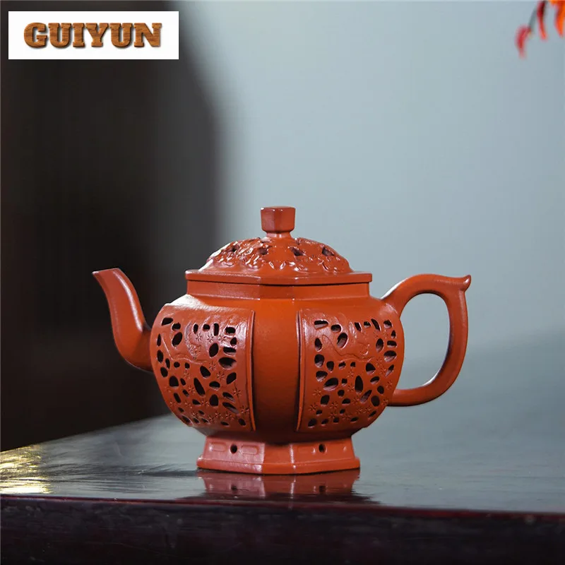 280ml Yixing Purple Clay Teapot Handmade Hollow The Eight Treasures Are Exquisite Pot Raw Ore Zhu Mud Kettle Filter Zisha Teaset