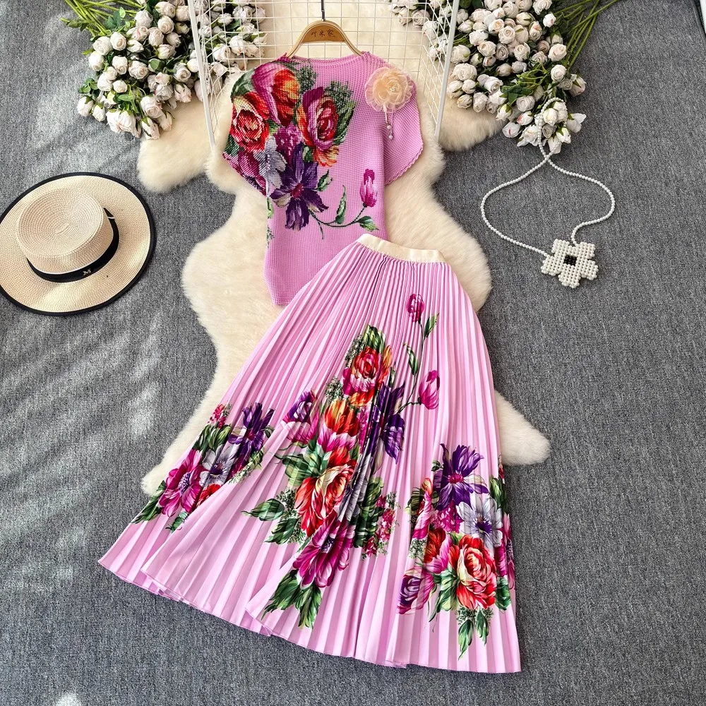 Women Elegant Flower Print Stretchy Pullover Tshirt Tops + A-Line Pleated Long Skirts Suit Runway 2 Piece Set Female Outfits