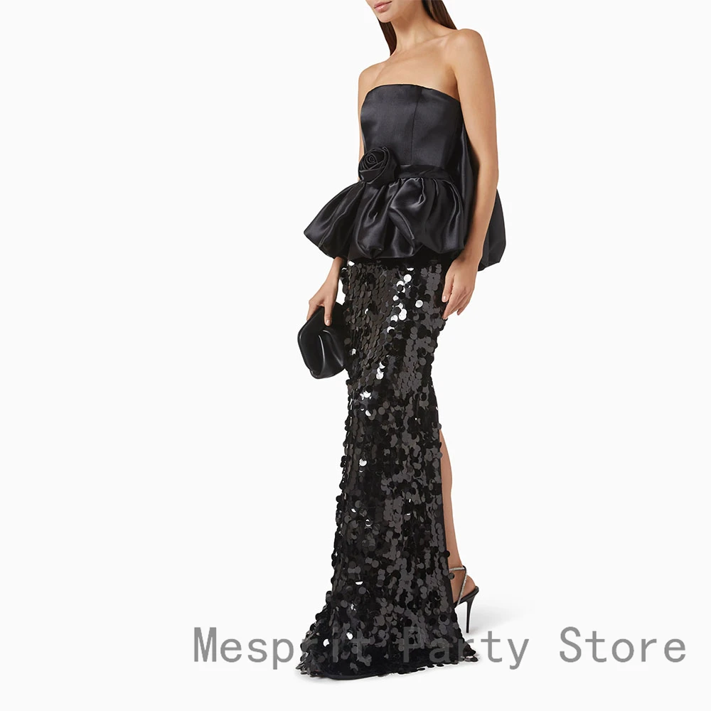 Vestido de baile preto com bainha, sem alças, vestido de noite feminino, sem mangas, formal, até o chão, lantejoulas, vestido saudita