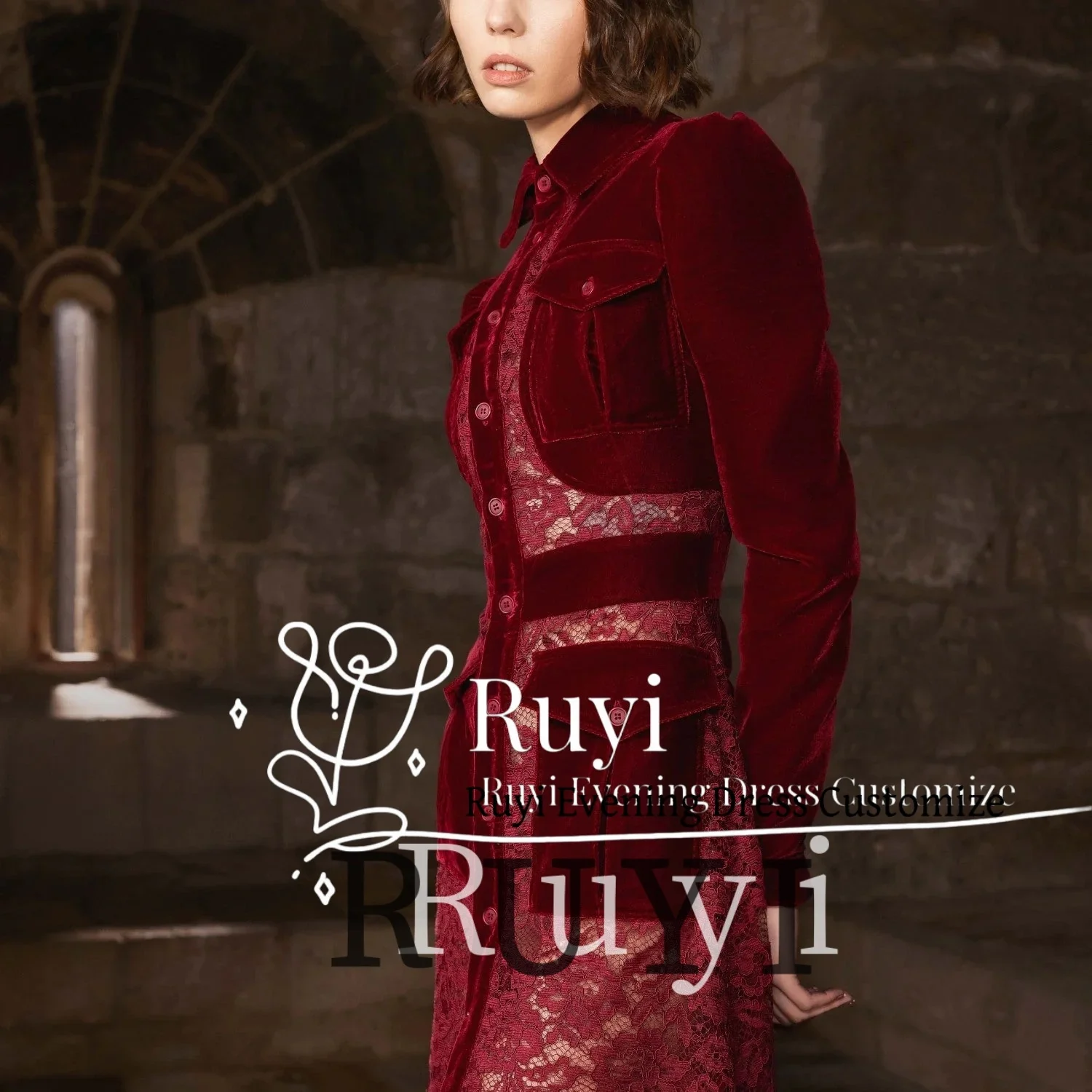 Customized Red Velvet Lace Patchwork See Through Evening Dresses Front Slit Formal Long Sleeves Prom Dress Buttons Party Gown