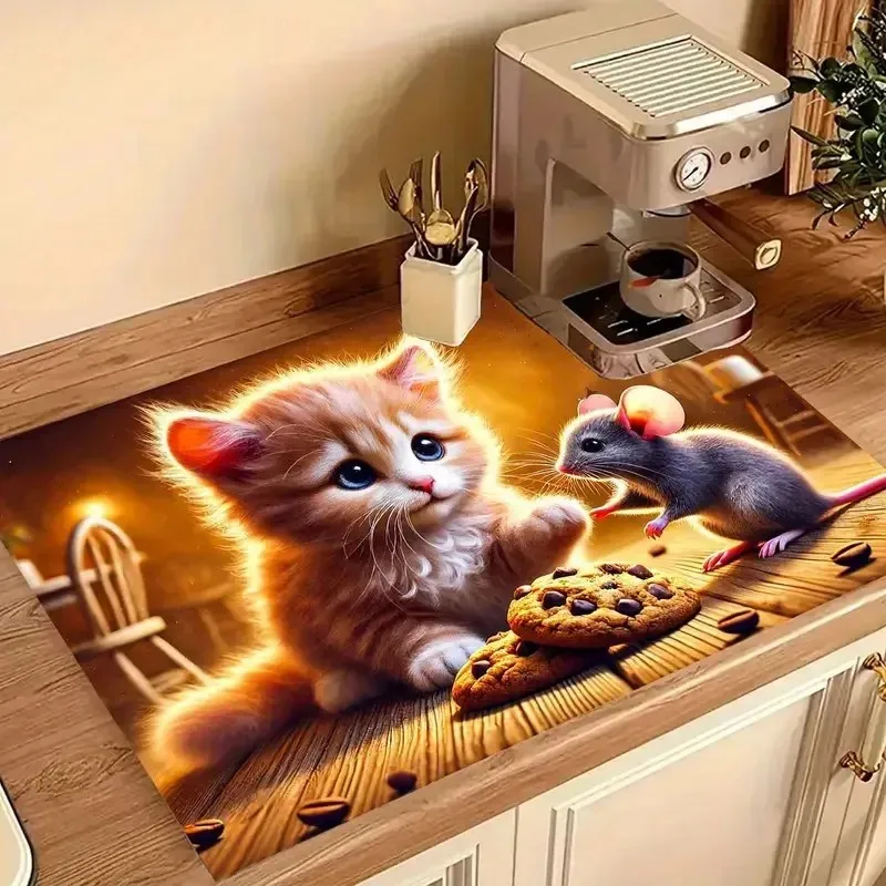 VIKAMA Niedliche Katzen-Küchenunterlage, Kaffeemaschinen-Abtropfmatte, Arbeitsplatten-Absorbiermatte, Geschirr- und Tischdekoration