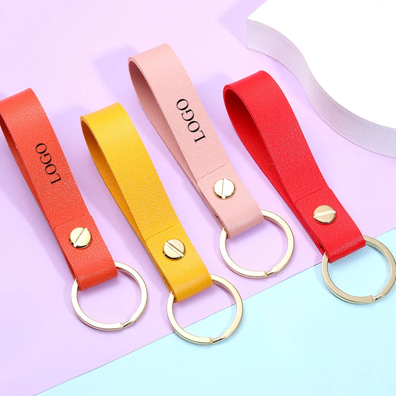 

Laser Engraved Custom Logo Pu Leather Keychain Men's Women‘s Personalize Car Key Chain Holder High-end Colorful Keyring Gift