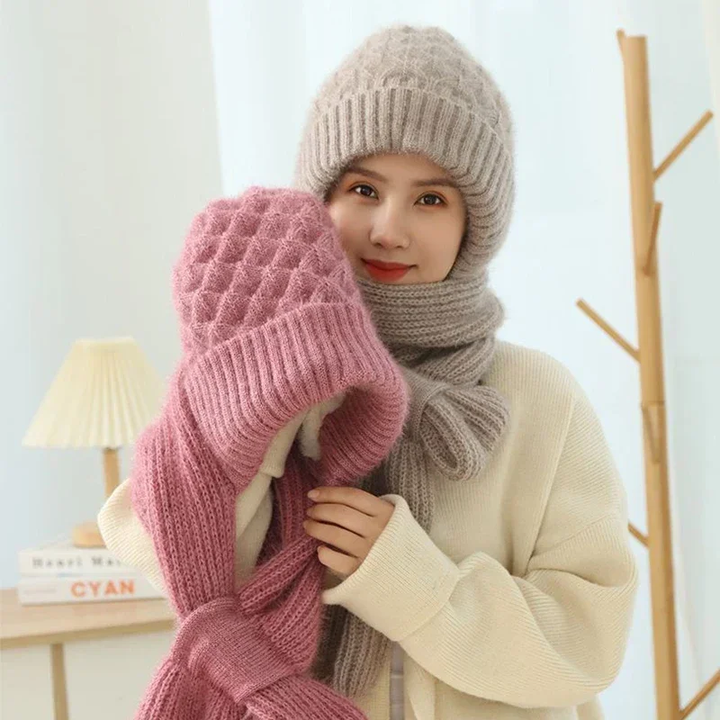 Winter Knitted Skullies Hat Scarf Set Cold Proof Ear Protection Scarf Warm Girls Beanies Cycling Windproof Ladies Outdoor Caps