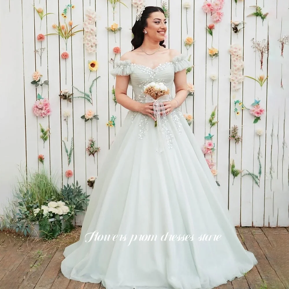 

Flowers White Party Dress Lace Applique Prom Gowns Off Shoulder Evening Princess Gown for Women Vestido De Novia Customized
