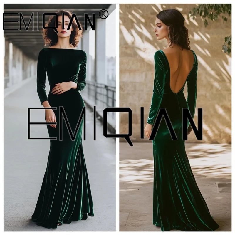 

Custom Emerald Velvet Evening Gown, Boat Neck Backless Dress, Long Sleeve Luxury Formal Gown