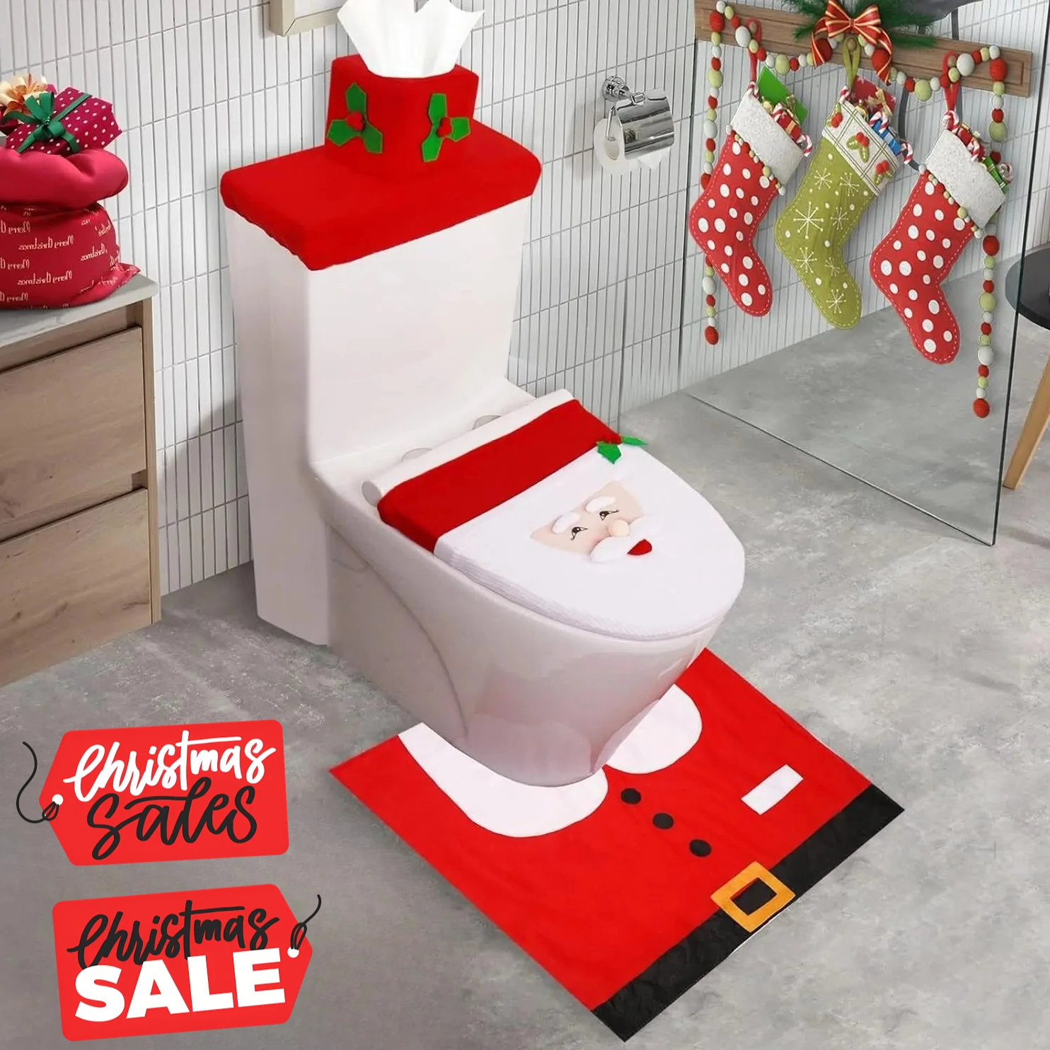 1–5 Sets Weihnachts-Toilettensitzbezug, Weihnachtsmann, Badezimmer-Dekor-Set mit Toilettendeckel, Matte und Tankabdeckung für die Dekoration von Ferienhäusern