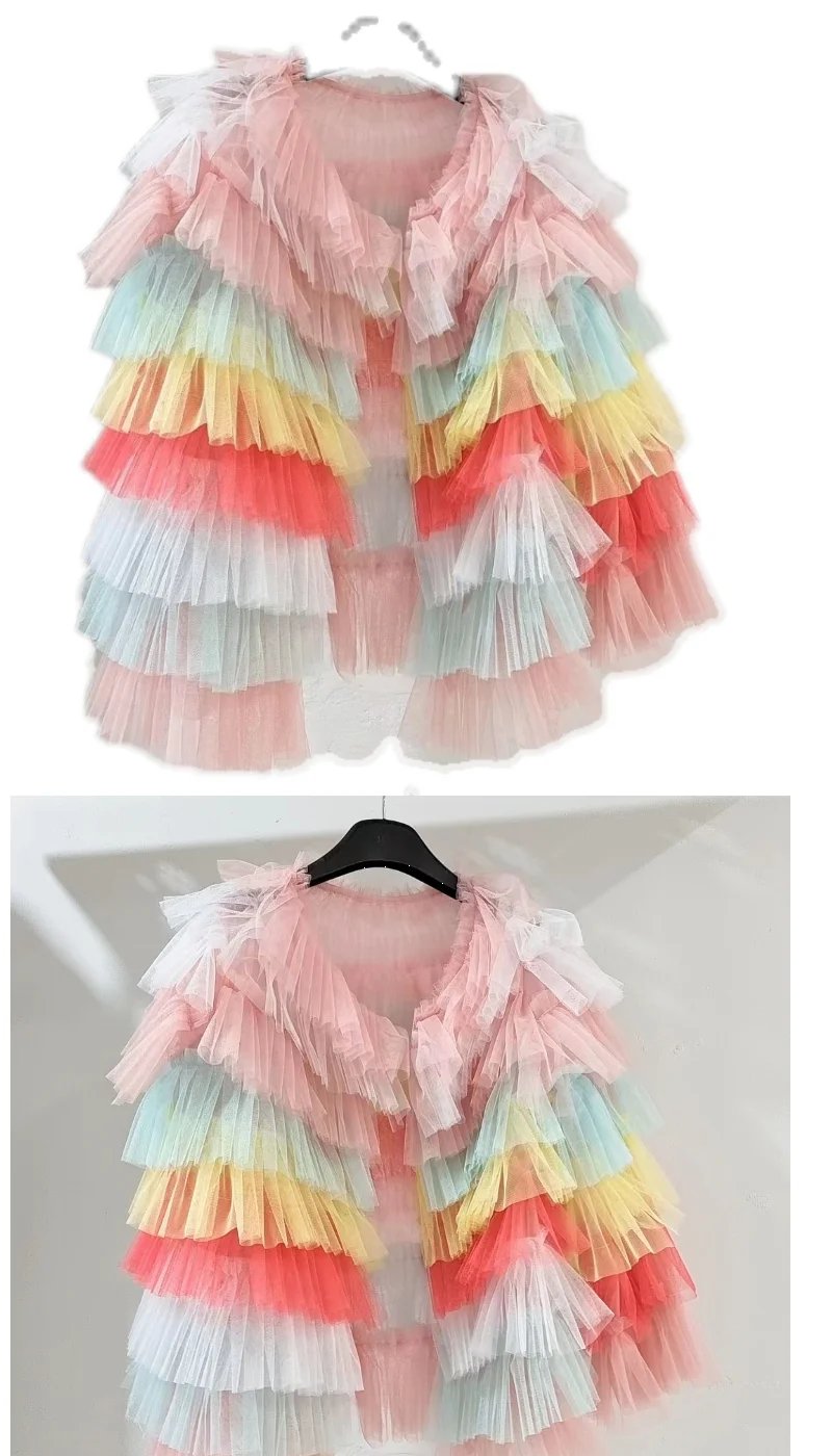 Mesh Patchwork Rainbow Color Multi-Layers Ruched Jacket Summer Sun Protection Ruffles Gauze Pleated Coat Lotus Cardigan Tops