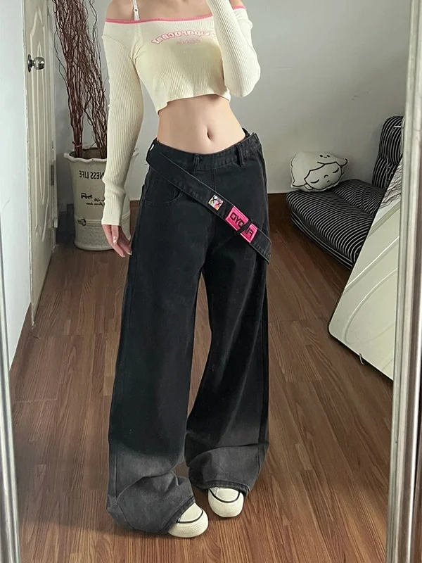 

High Waist Wide Leg Straight Cut Zipper Side ket Jeans Women's Spring Summer High Street Faion Trousers by PmORh