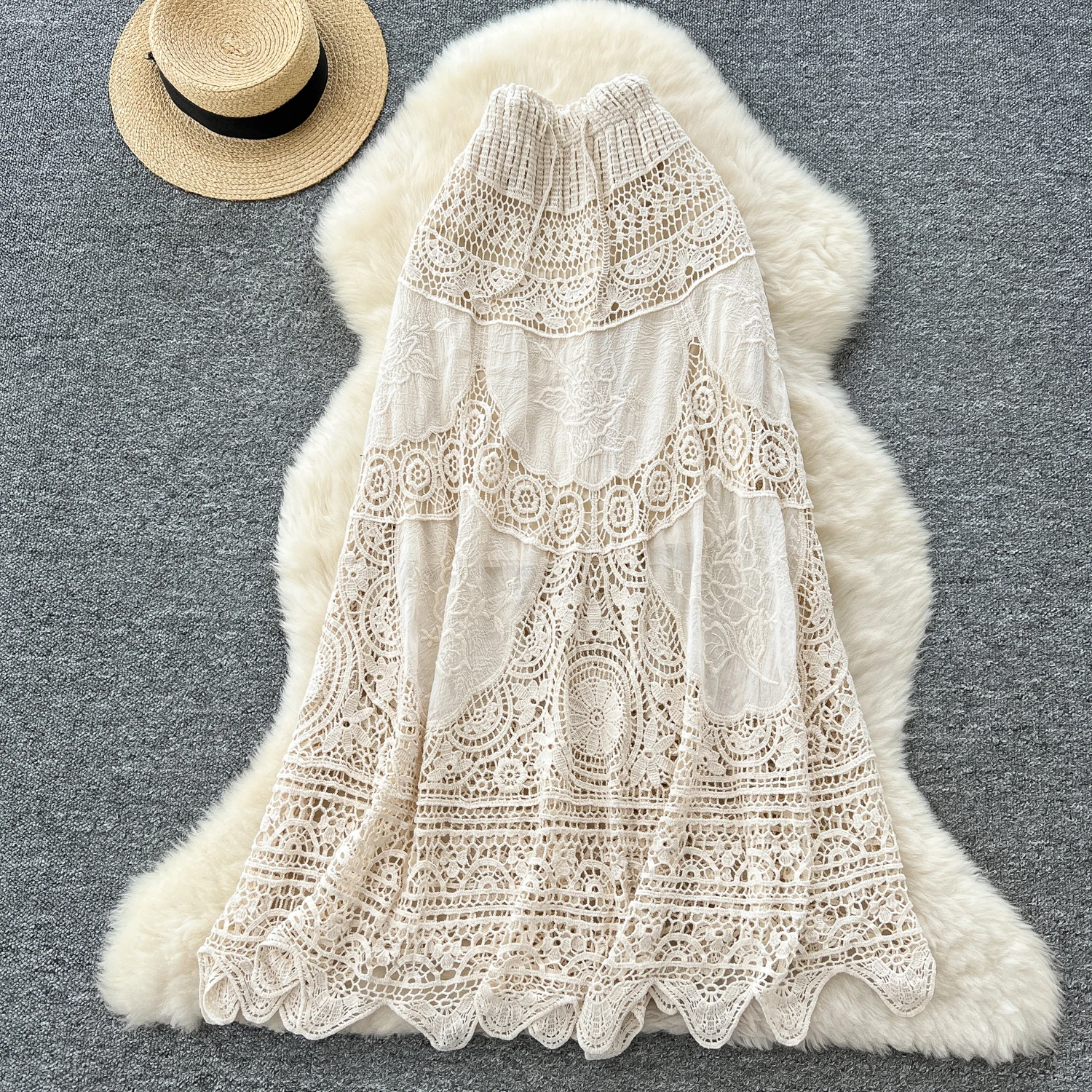 

2025 Spring And Autumn Seaside Vacation Hollow Crochet Embroidery Skirt Women High Waist A-Line Skirt Midi Bohemian Beach Skirt