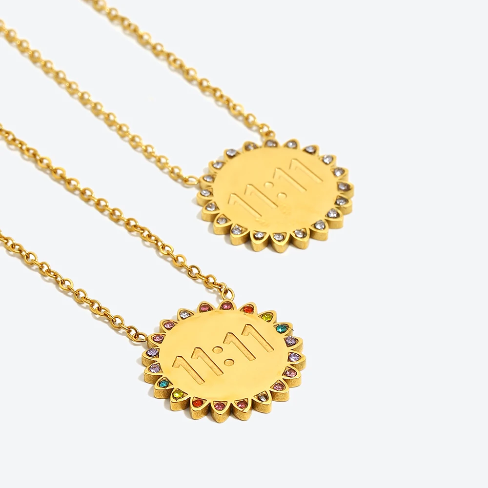 Holiday Must Have Y2K Style Colorful Crystal Rhinestone Sunflower 11:11 Angel Number Pendant Stainless Steel Necklaces For Woman
