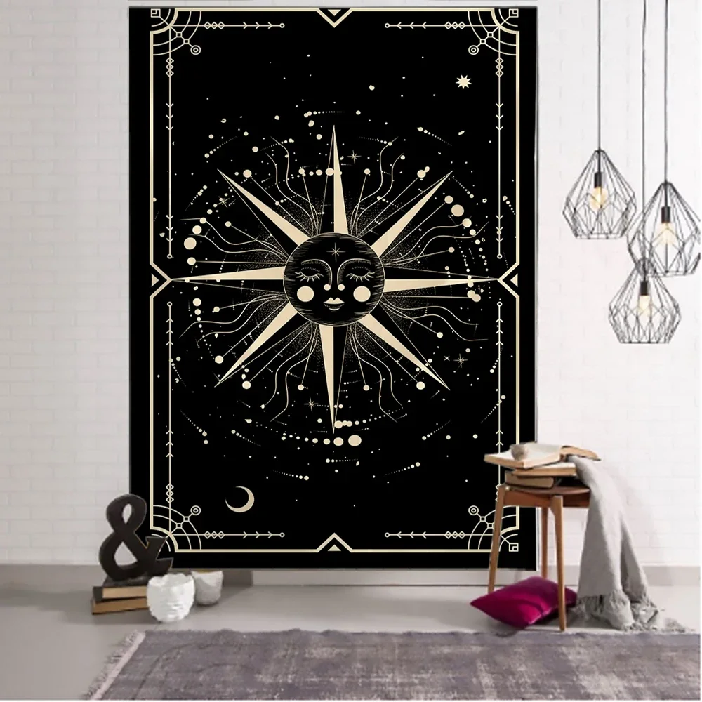 Golden Black Sun Moon Tarot Mandala Tapestry Wall Hanging Witchcraft Hippie Wall Carpets Dorm Decor Psychedelic Tapestry