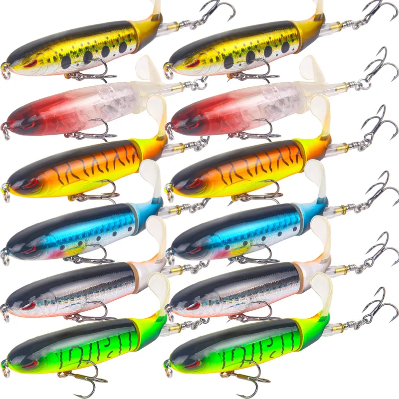 12PCS Whopper Fishing Lure Bass Kit Topwater Fishing Lures Hooks with Rotating Tail Floating Popper for Freshwater Saltwater
