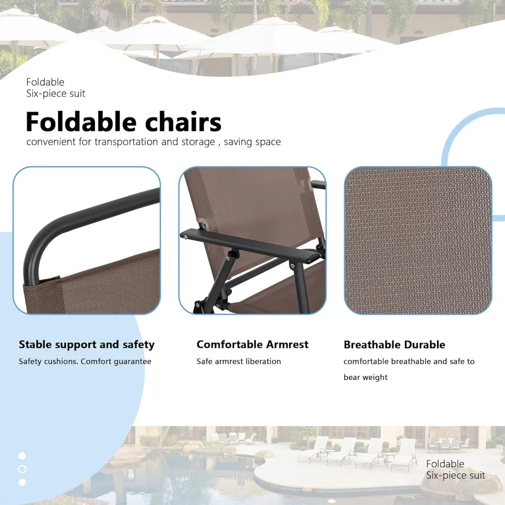 طقم طعام فناء مكون من 6 قطع مع مظلة، طقم أثاث خارجي مع 4 كراسي قابلة للطي وطاولة طعام من الزجاج المقسى #4