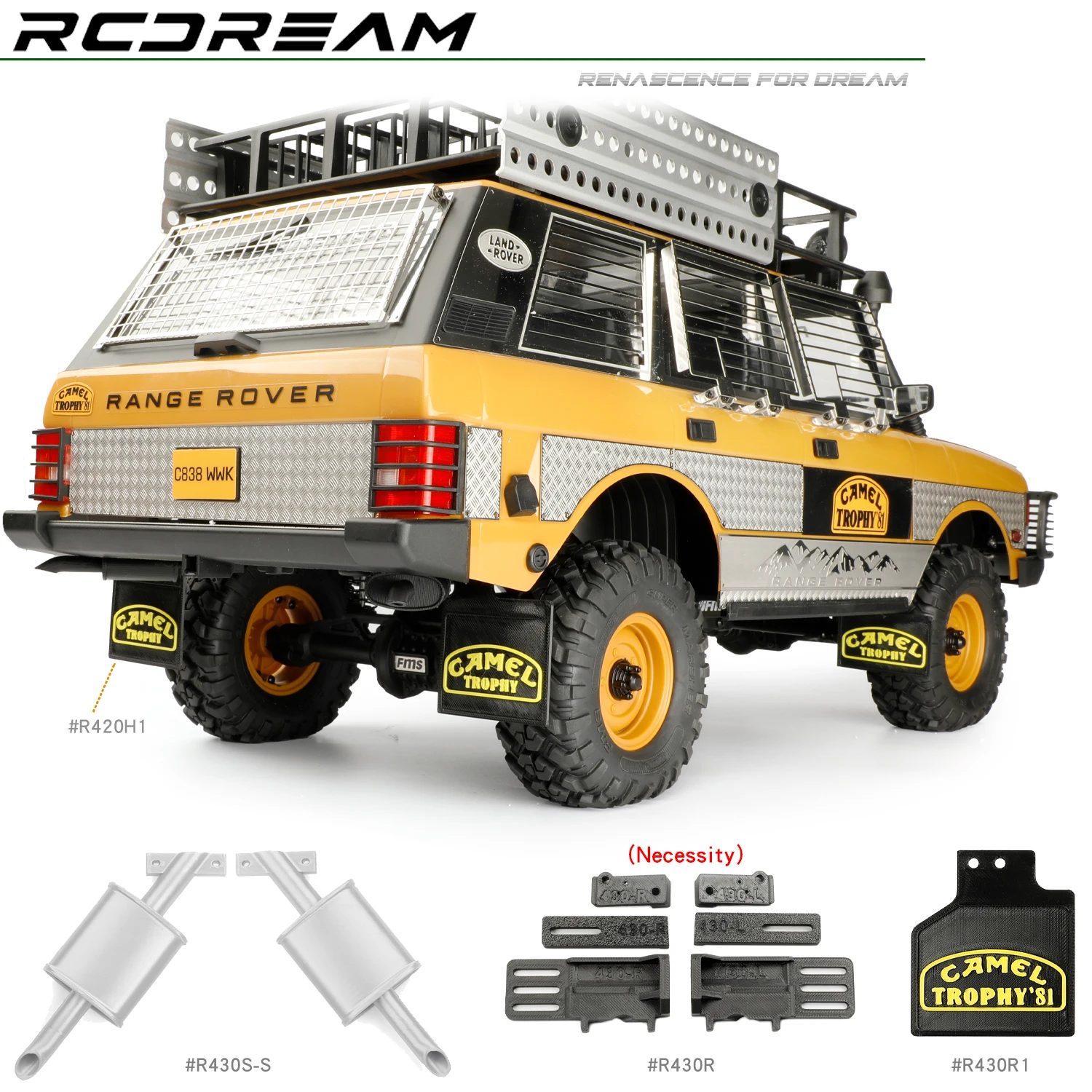 RCDream 3D Weiche TPU Schmutzfänger / Auspuffrohre / Kraftstofftank für 1/10 FCX10 Camel Trophy Range Rover Upgrade-Teile