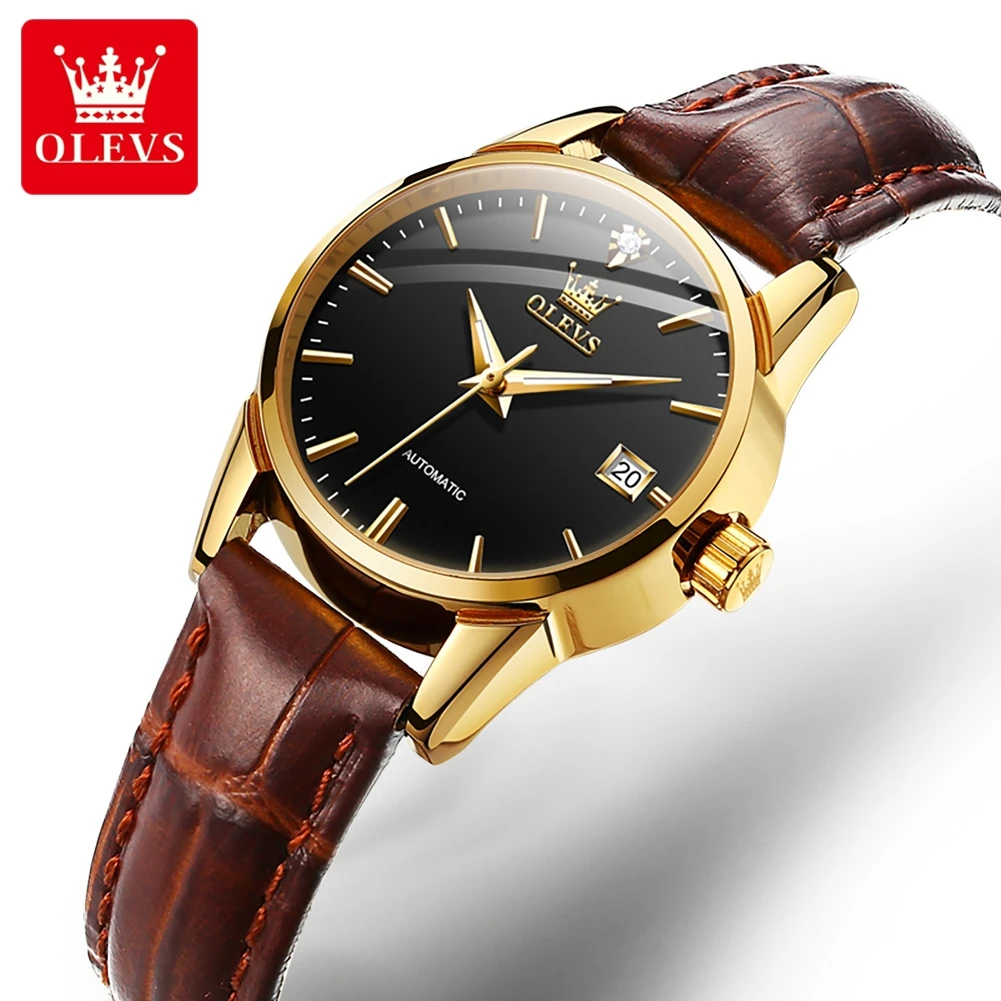 OLEVS Automatic Watch For Women Ladies Watch Leather Strap High End Elegant Watch Set Self Winding Mechanical Watches Waterproof