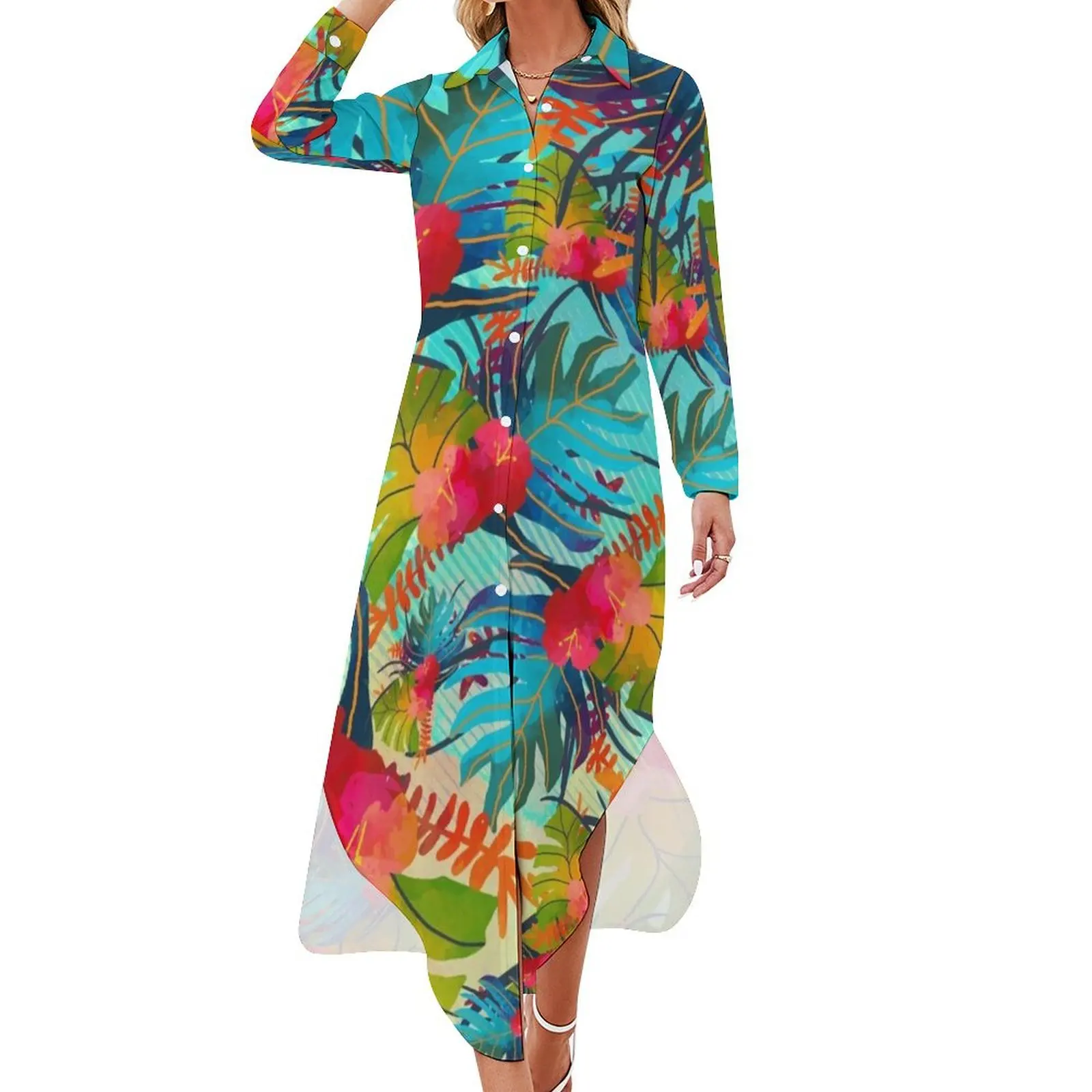 

Bright Tropical Floral Print B Long Sleeved Shirt Dress summer dresses elegant dresses plus sizes