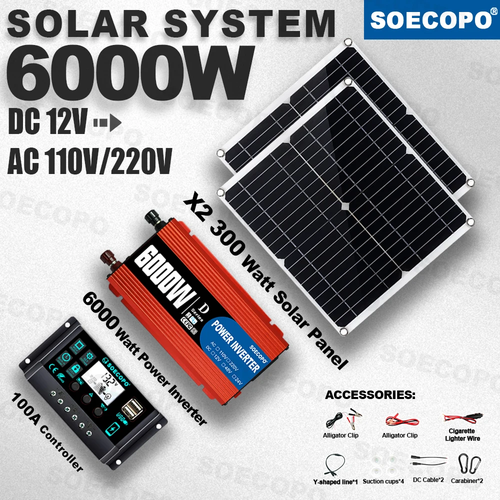 

SOECOPO 6000W Peak Solar System Kit 2x300W Panel 100A Controller 12V To 110V 220V Inverter Generator for Home Charger Off Grid