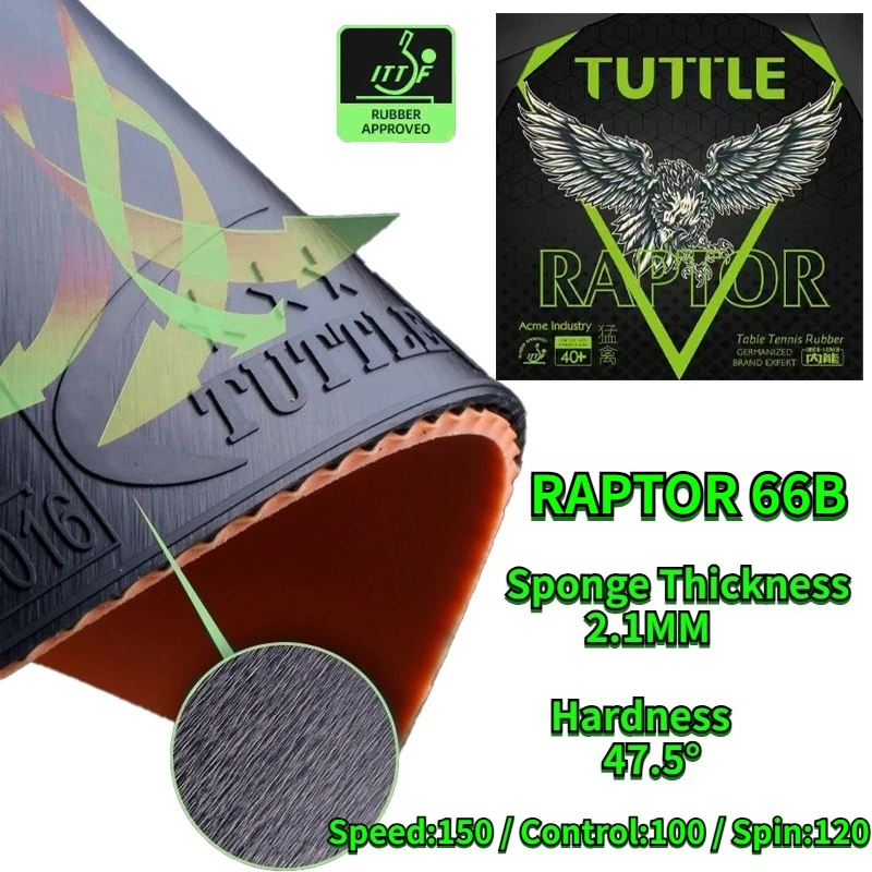 TUTTLE RAPTOR 66B ITTF Approved Table Tennis Rubber Pimples in with 2.1mm Inner Energy Quantum Sponge 47.5° Ping Pong Rubber