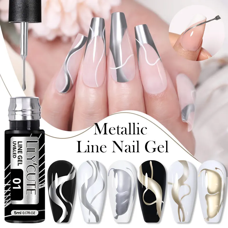 LILYCUTE 5ml Super Bright Silver Metallic Painting Liner Gel Nail Polish Drawing Stripe Graffiti Mirror Pull Line UV Gel Varnish