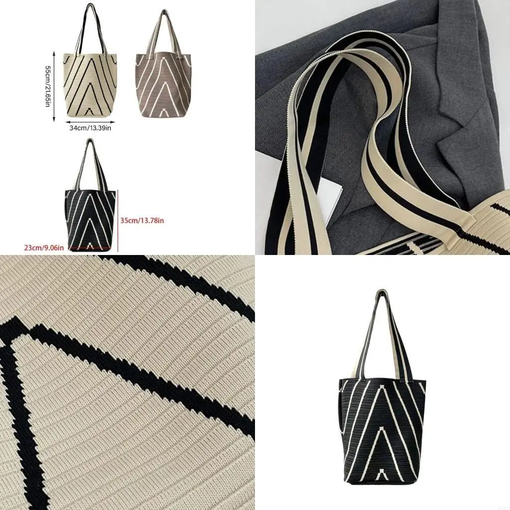 

Large Capacity Shoulder Bag for Women All-matching Handbag Knitted Bucket Bag Commuting Bag Waves Pattern Armpit Bag