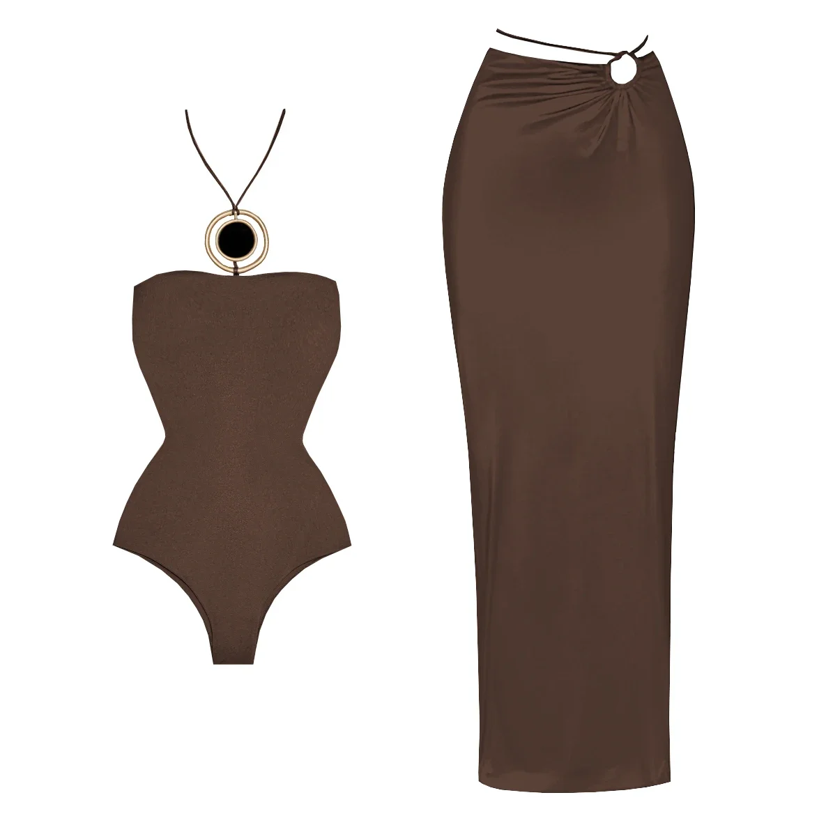 

2Pcs Halter Swimsuit With Long Skirt Sexy Bikini Women Off Shoulder Swimwear Female Biquini Shiny Bathingsuit Bodysuit Beachwear