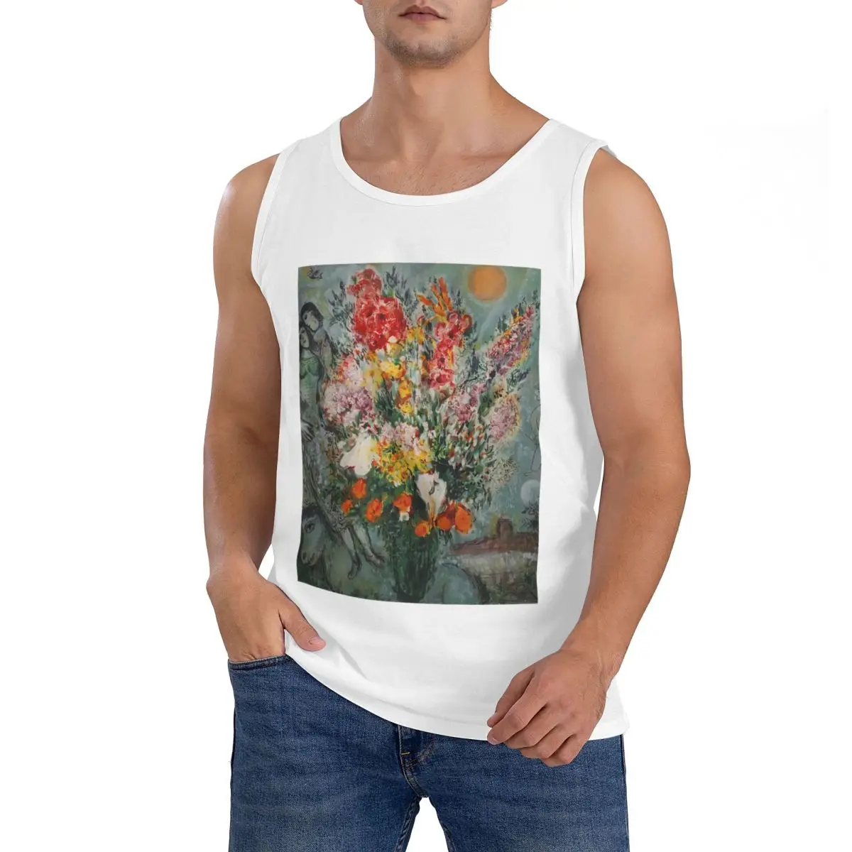 100% Cotton Marc Chagall Bouquet De Fleurs Sleeveless T-Shirt Men Workout Sports Clothing Tops Men's Crew Neck Vest