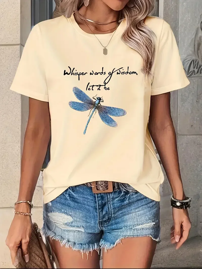 Koszulka damska z krótkim rękawem i nadrukiem ważki, odzież, T-shirt damski, graficzna odzież Harajuku, top damski, koszulka