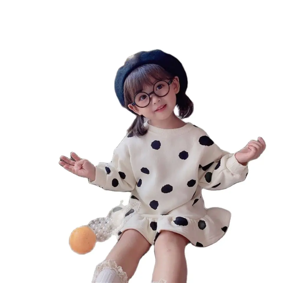 Toddler Girls Warm Sweater Dress 2023 Winter New Korean Children Splicing Pleated Dress Kids Polka Dot Printed Casual Clothes