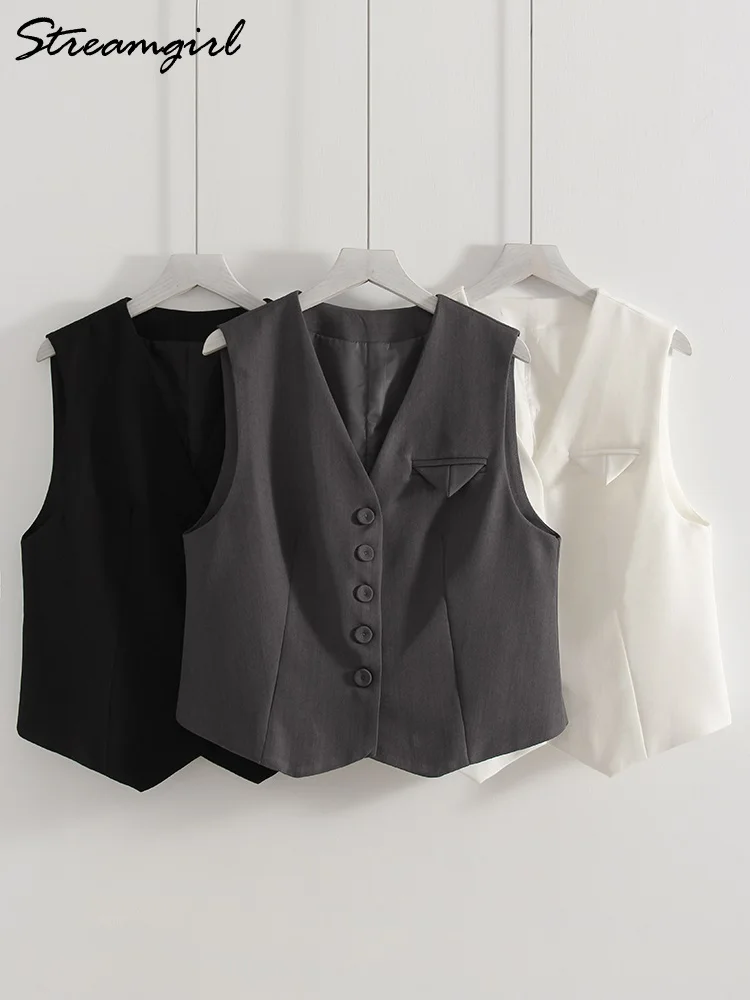 

Women Vest Jackets Black V Neck Sleeveless Coats Autumn Tank Tops Office Ladies Gray Sleeveless Blazers Jacket Women Outwear