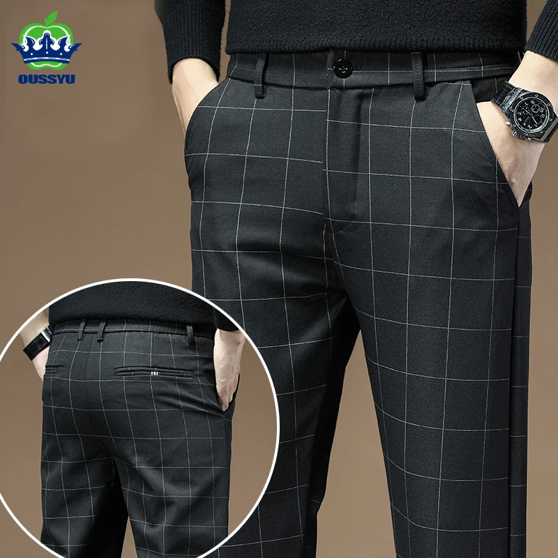 Men's Dress Pants Fashion Plaid Stripe Business Slim Fit Office Classic Retro Suit Pant Korean British Style Wedding Trousers