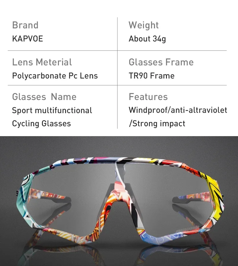 Kapvoe Photochrome Fahrradbrille für Herren, Fahrrad-Sonnenbrille, Sportbrille, UV400, MTB, Fahrradbrille, Reitschutz, UV400 – Detail 12