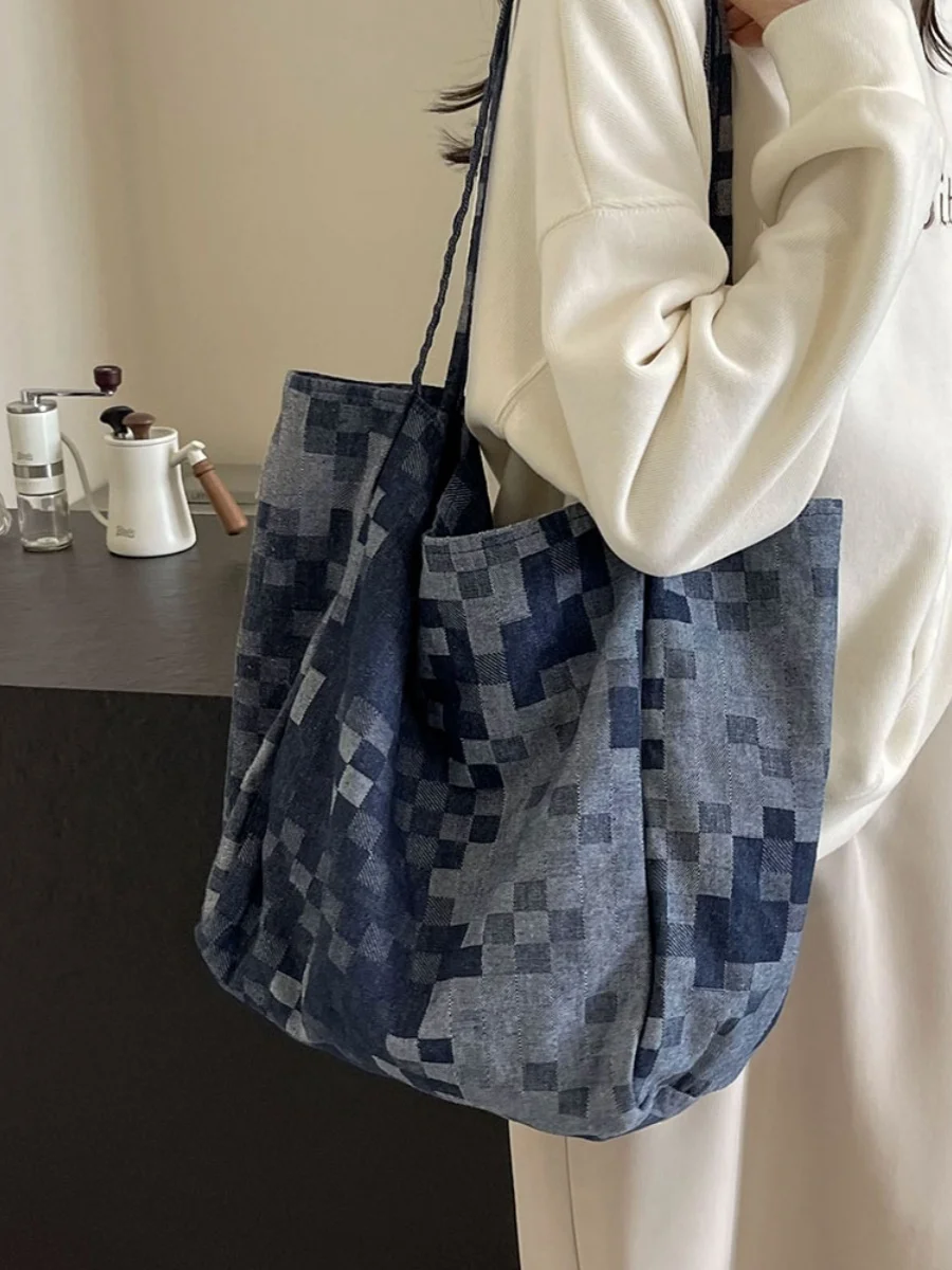 Trendy Grid Denim Large Shoulder Bags Women Tote Handbags and Purses New Jeans Hobos Ladies Shopping Bag High Quality