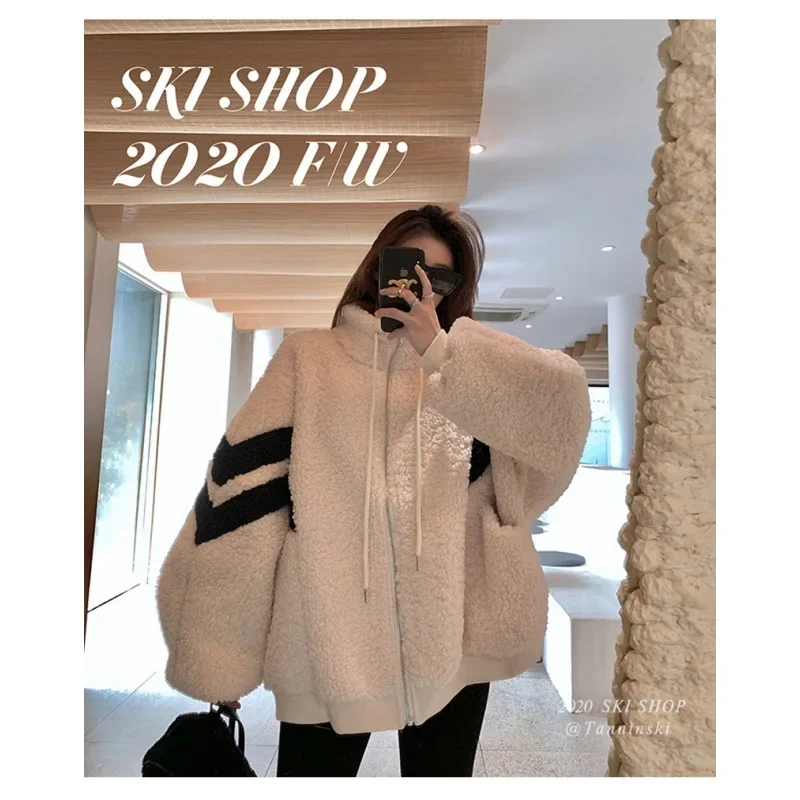 Cross-Border Stripe Splicing Zipper Lambswool Fleece Women's Jacket 2024 Autumn/Winter New Stand Collar Thickened Warm Loose-Fit