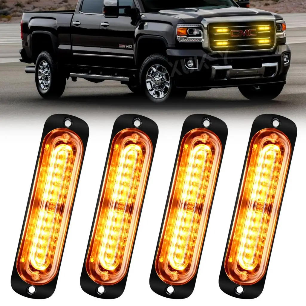 4pcs 12V 24V 12LED Strobe Warning Grille Hazard Flash Light bar Car Truck PIckup SUV Beacon Lamp Amber Yellow Traffic Waterproof