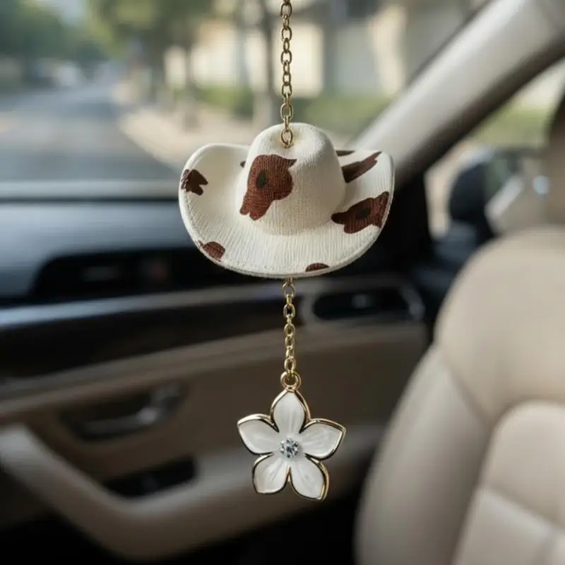 Aesthetic Cow Print Cowboy Hat Car Hanging Pendant Rearview Mirror Decor Accessory for Car Interior Decoration