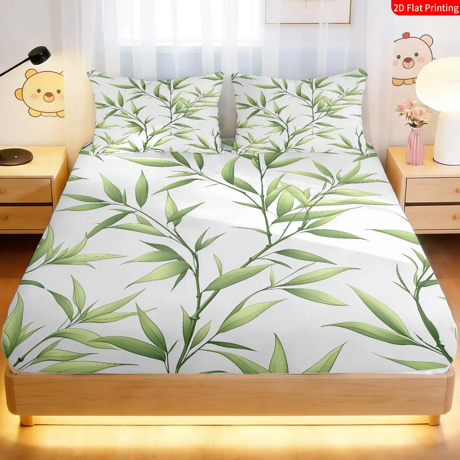 Modern Bamboo Leaf Bed Sheet Set 3 Piece Bedding Set Deep Pocket Fitted Sheet Machine Washable Breathable Bed Sheets