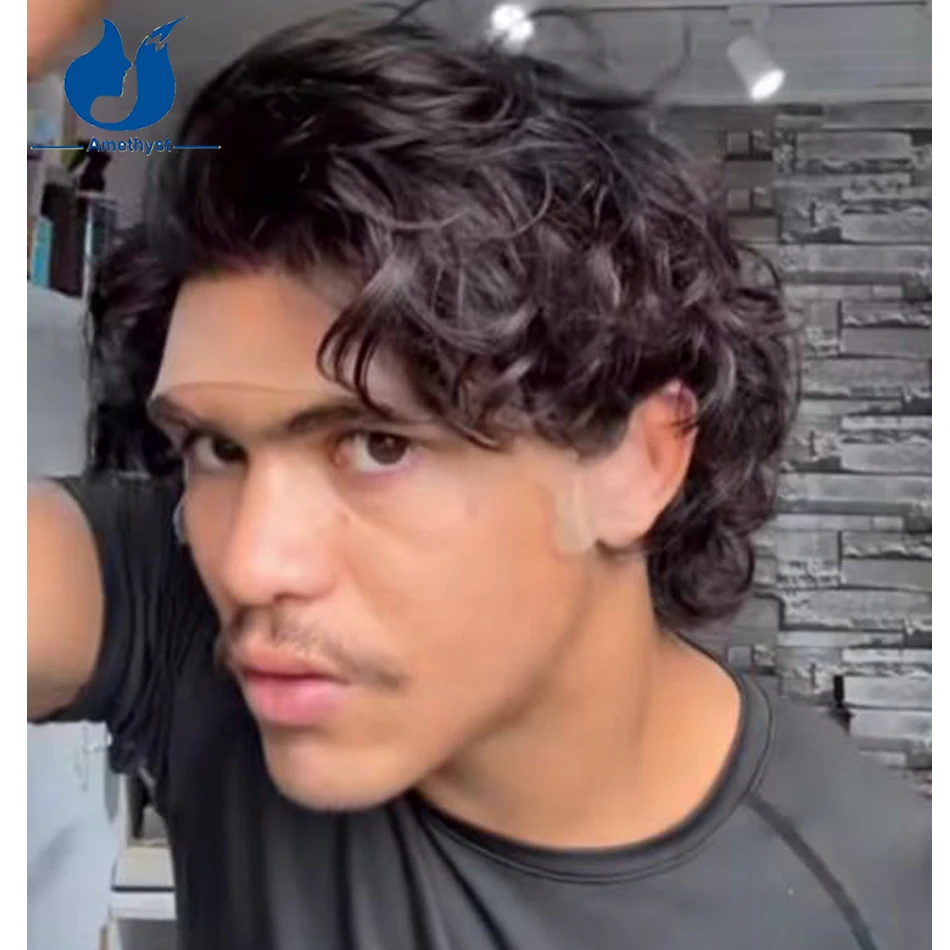 

Аметистовый свободный вьющийся парик из натуральных черных человеческих волос для мужчин Короткий парик с стрижкой пикси Полный парик шнурка Бразильские волосы Remy Wave