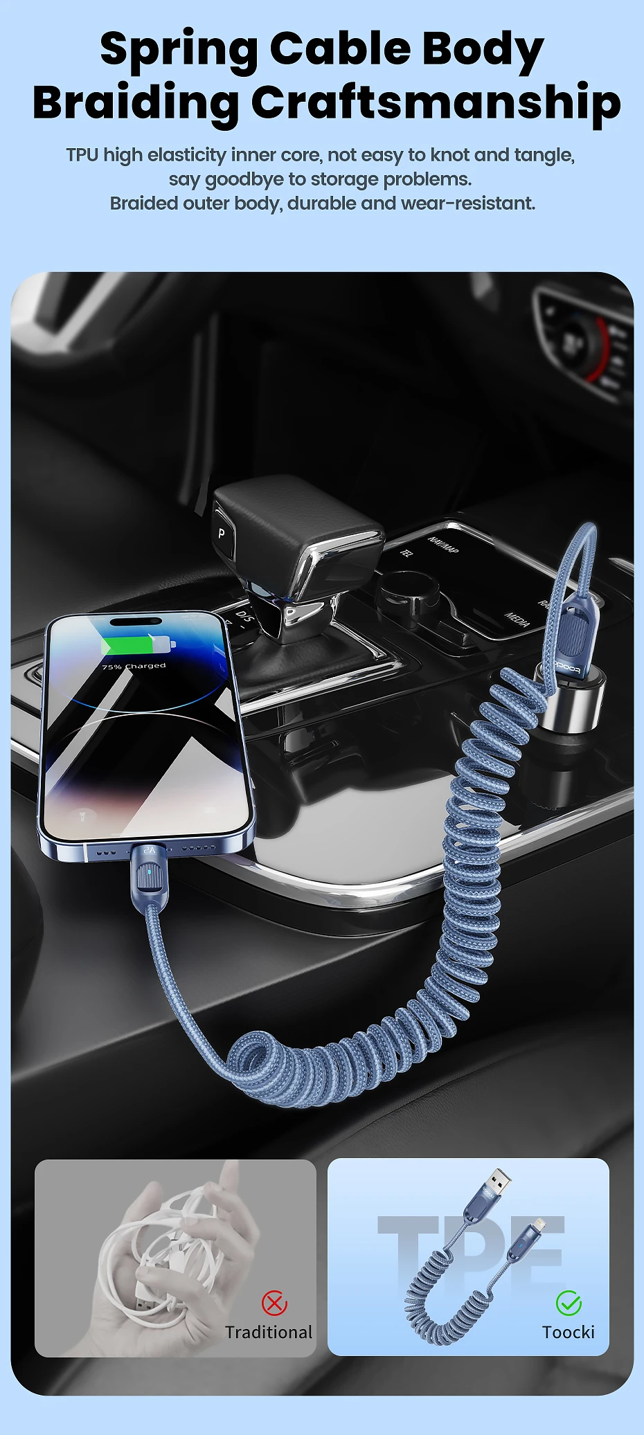 Toocki Auto-USB-Lightning-Kabel 2.4A, spiralförmiges, teleskopisches Schnellladekabel für iPhone 14 13 12 Pro Max 8 7 Lightning-Ladekabel – Detail 5