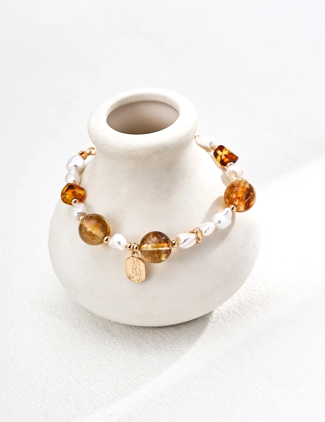 

​S925 Silver Wealth energy Citrine & Amber Bracelet Gift Natural Baroque Pearl Career & Emotional Soothing Chain +6cm Extender