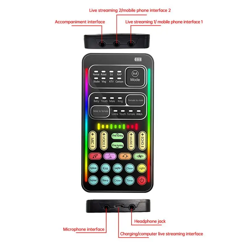 ABSL-I9 Voice Changer Multiple Audio Effect Bluetooth Live Sound Cards Ultra-Thin Portable Live Sound Card Mic Voice Changer Dur