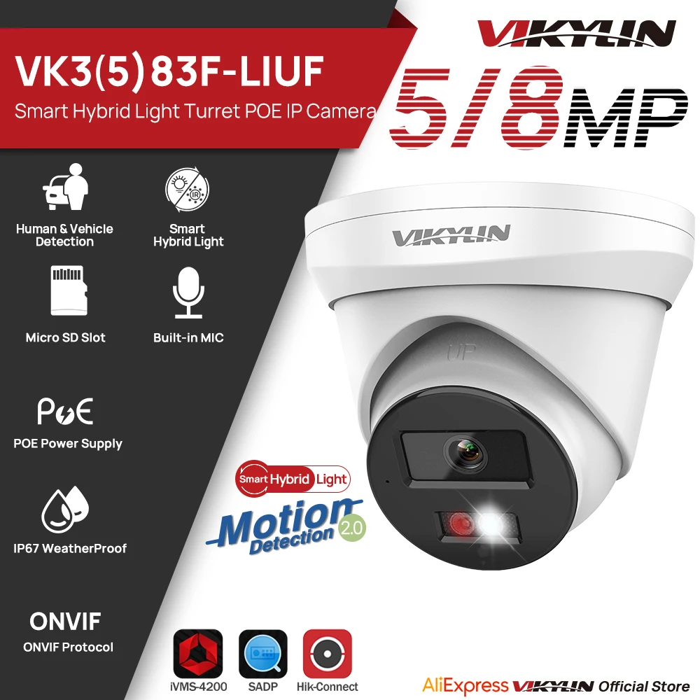 

VIKYLIN 5/8MP IP Camera Smart Hybrid Light MD2.0 Hikvision OEM DS-2CD1343G2-LIUF/SL Alarm Outdoor Video Surveillance Camera IP67