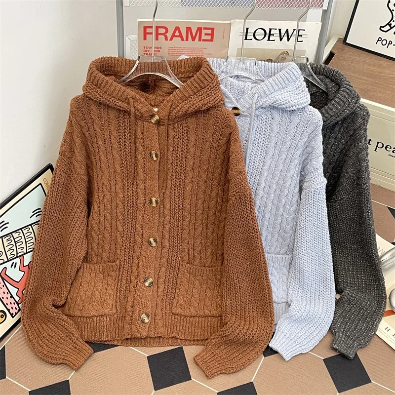 

Ретро-свитер-пальто в американском стиле с вязаным узором и шапкой для мужчин и женщин, парный, в стиле «ленивый шик», с эффектом высококачественного полиэфирного волокна