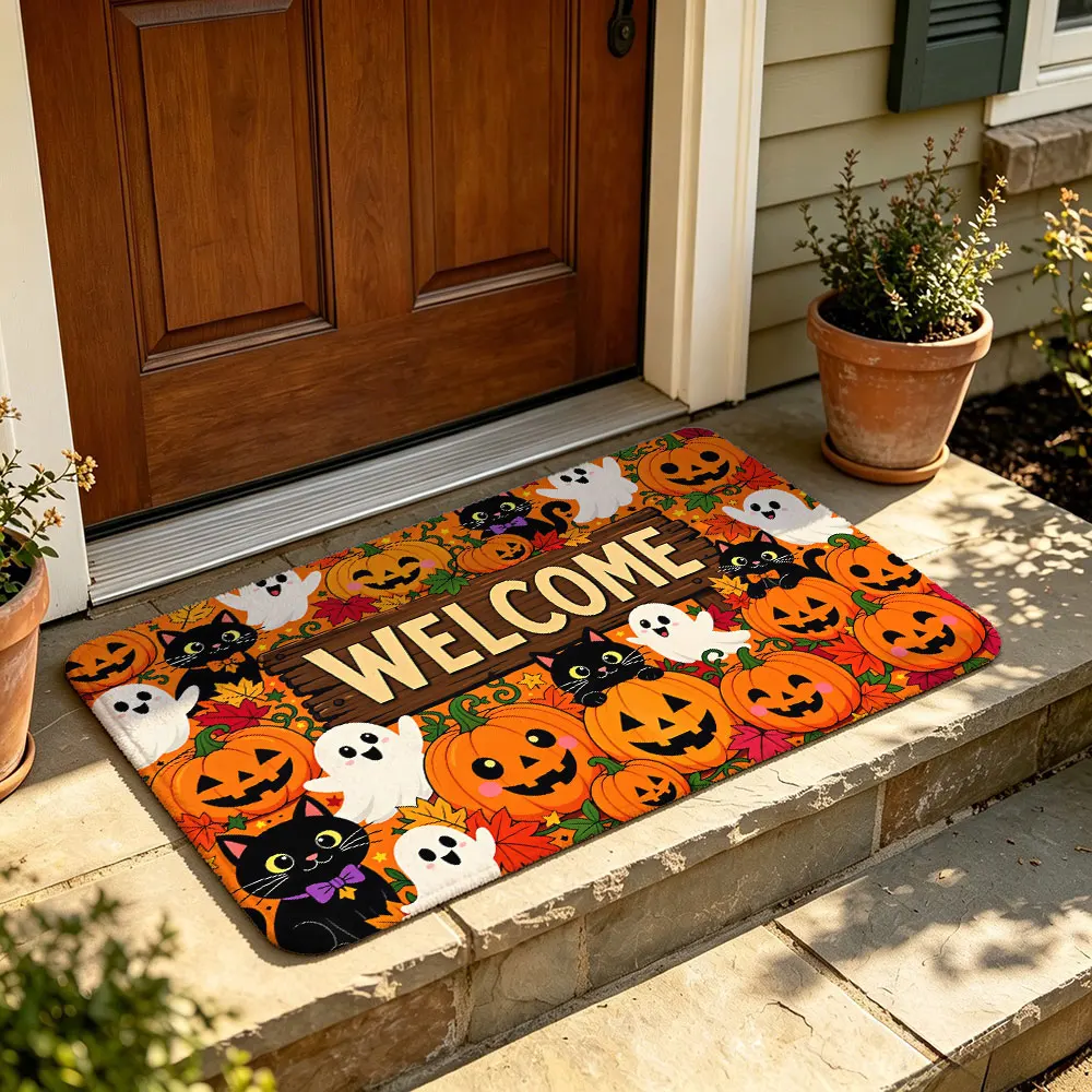 1pc Halloween pumpkin ghost black cat welcome home door mat flannel silicone plastic anti-slip home decoration entrance door