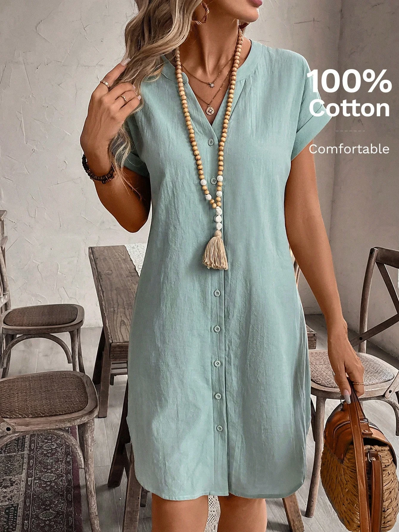 Women's solid color V-neck short-sleeve single-button casual dress, perfect for beach vacations, spring and summer style