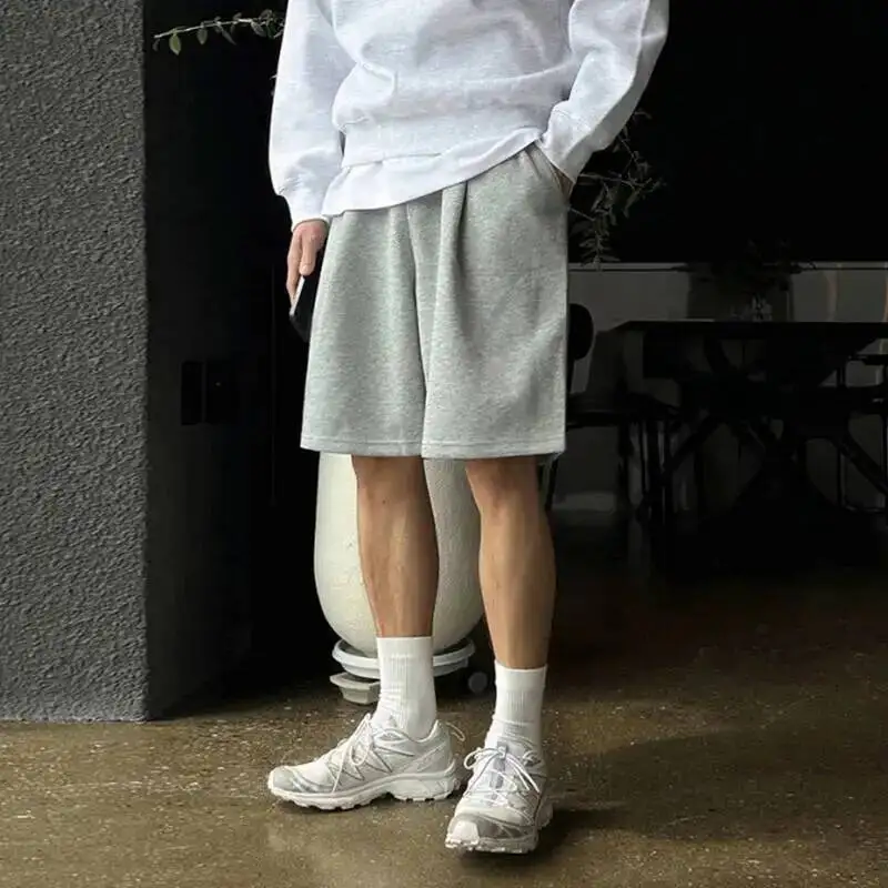 Korean Style Men's Casual Shorts Drawstring Solid Color Wide Leg Pleated Elastic Waist Straight Male Trousers Summer 9WPFKI