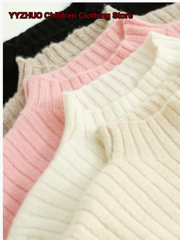 Girls Mock Neck Sweater Kids Autumn Winter Slim Fit Cashmere Knit Top Solid Color Ribbed Older Kids High Neck