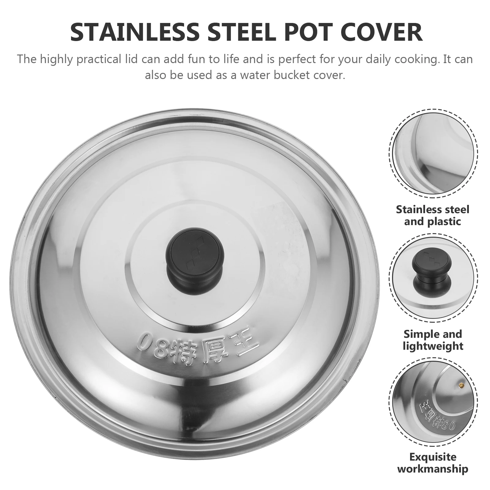 

Stainless Steel Pot Lid Universal Round Cover for Pans Pots Woks Soup Frying Lightweight Plastic Handle Heat