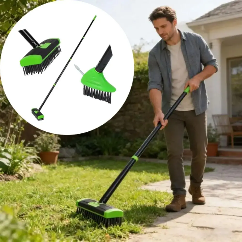 

3 In 1 Weed Brush Replaceable Brush Heads Multi-Functional Garden Cleaning Tool Manual Weeding Brush Extendable Handle